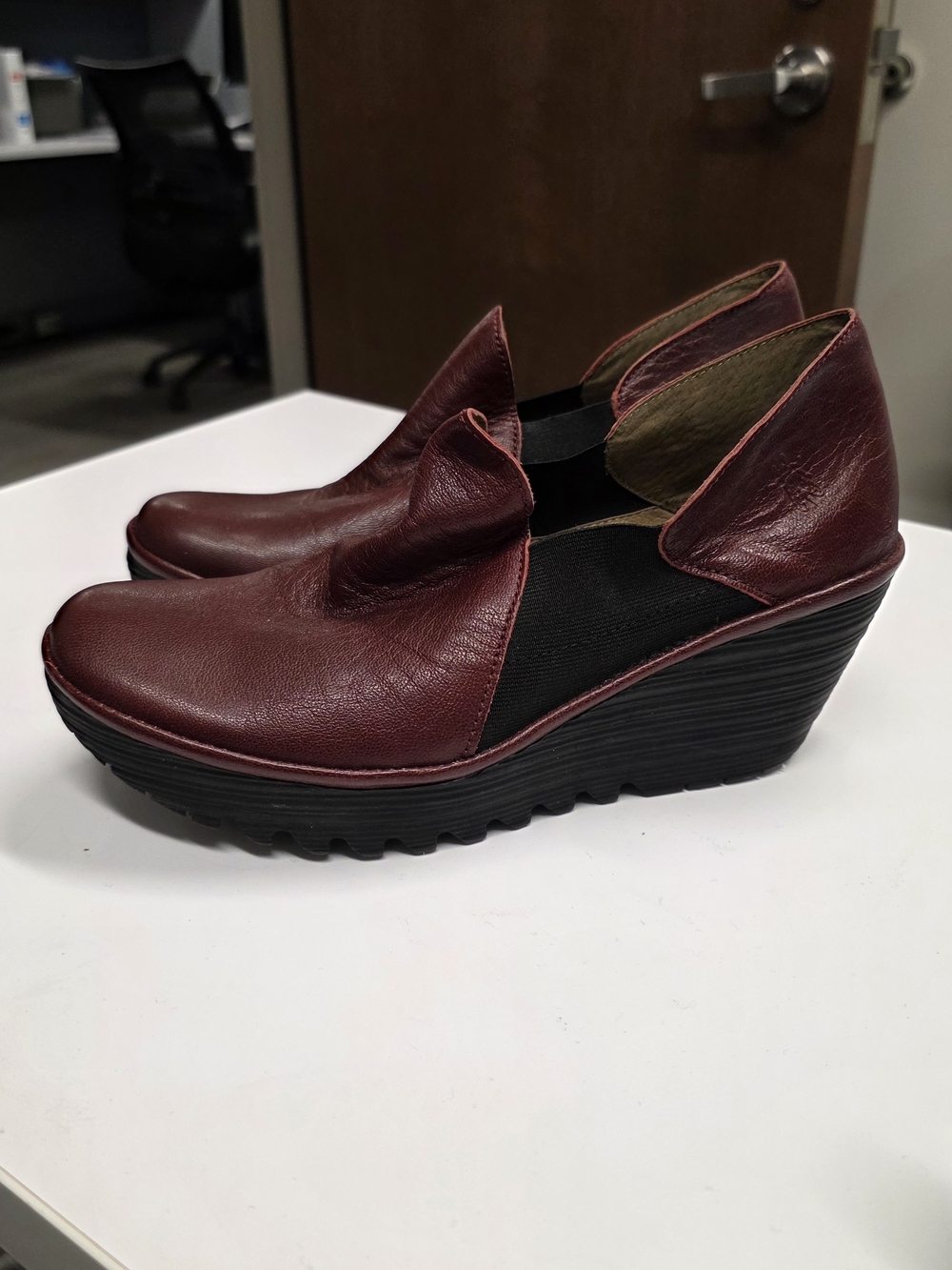 Fly London Burgundy Wedge Leather Yua Slip-On Shoes, 42
